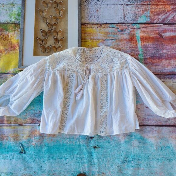 Anthropologie Eri + Ali White Crochet Lace Oversized Peasant Top Small - Picture 3 of 10